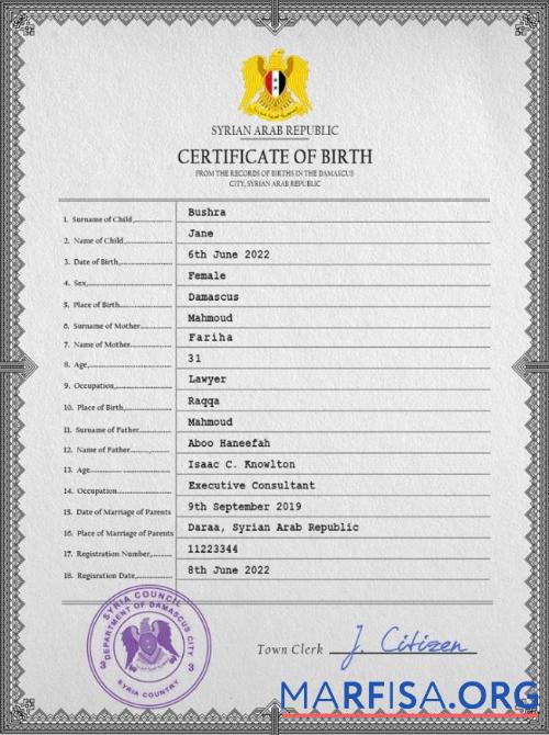 Blank Syria birth certificate PSD template